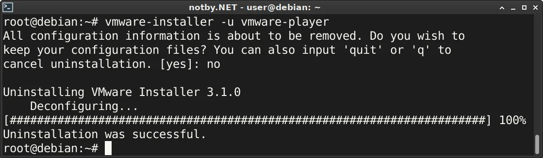 Удаление VMware Player командой "vmware-installer -u vmware-player" в консоли Debian