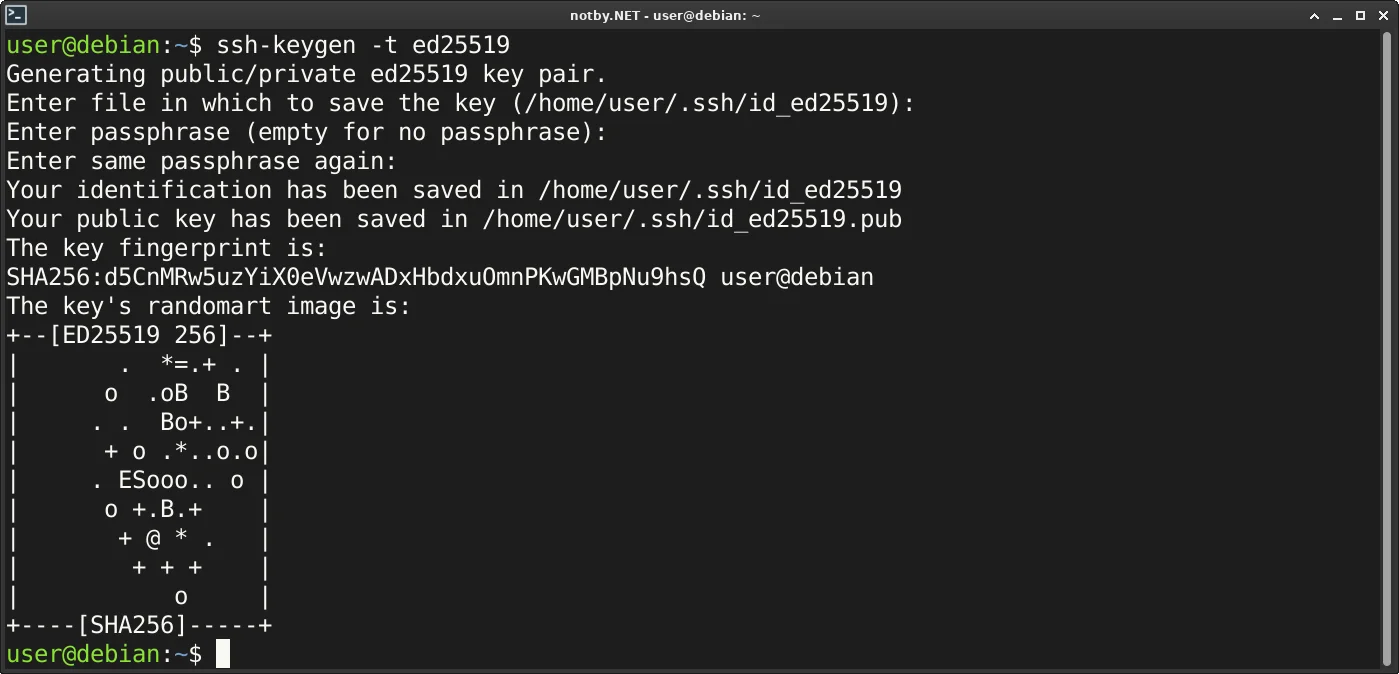 Создание ключей командой  "ssh-keygen -t ed25519" в Debian. Ключи успешно созданы.