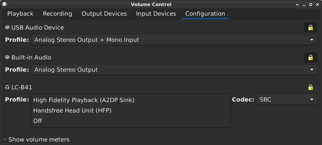 Открыто окно "PulseAudio Volume Control" на вкладке "Configuration". Найдена Bluetooth-гарнитура LC-B41.