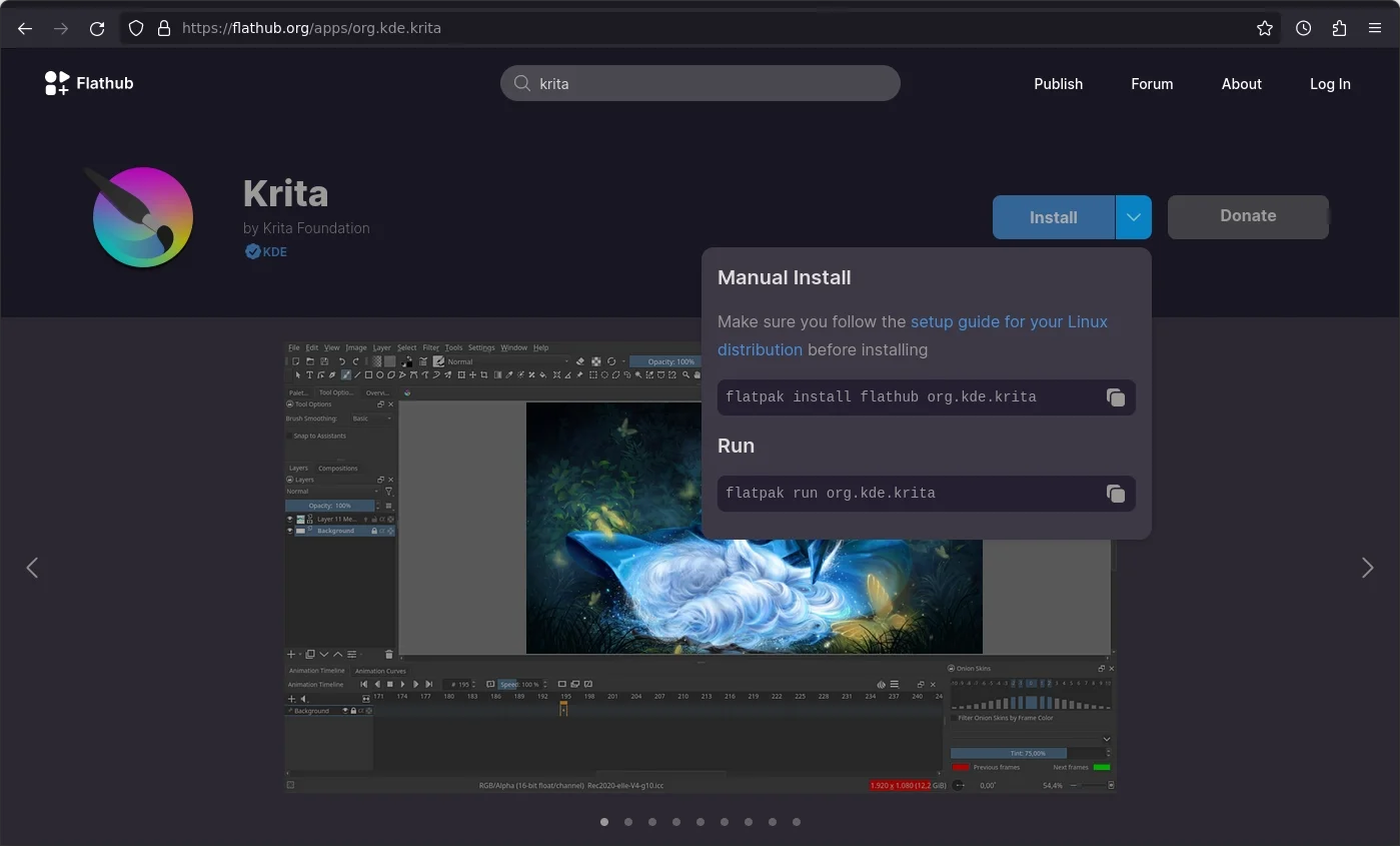 Открыта в Firefox страница "Install Krita on Linux | Flathub" по адресу "https://flathub.org/apps/org.kde.krita". Показаны команды для установки и запуска приложения Krita.