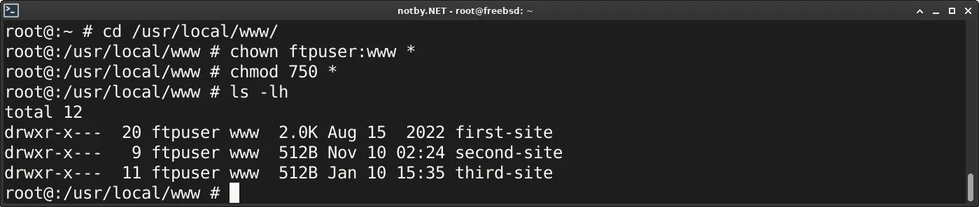 FreeBSD переход в каталог "cd /usr/local/www/", установка владельца каталогов "chown ftpuser:www *", установка прав каталогов "chmod 750 *", вывод содержимого каталога "ls -lh".