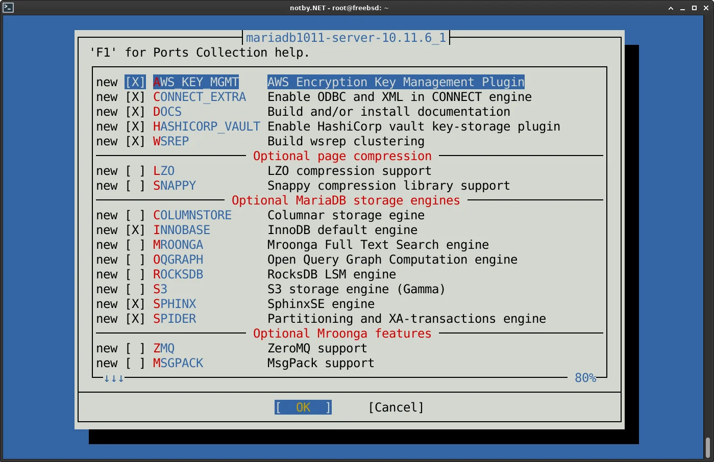FreeBSD установка и сборка порта mariadb1011-server командой "make install clean". Конфигурации сборки mariadb1011-server-10.11.6_1.