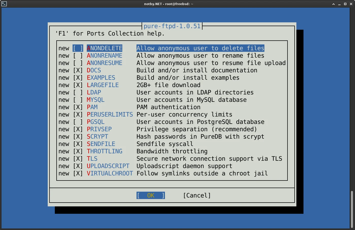 Порт Pure-FTPd в FreeBSD, выбор параметров сборки.