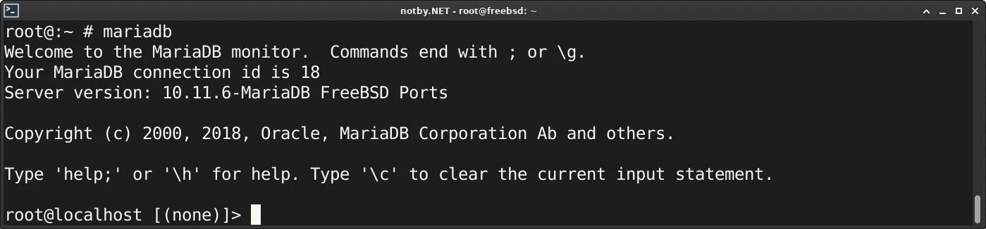 Успешное подключение к серверу MariaDB командой "mariadb" в консоли FreeBSD.