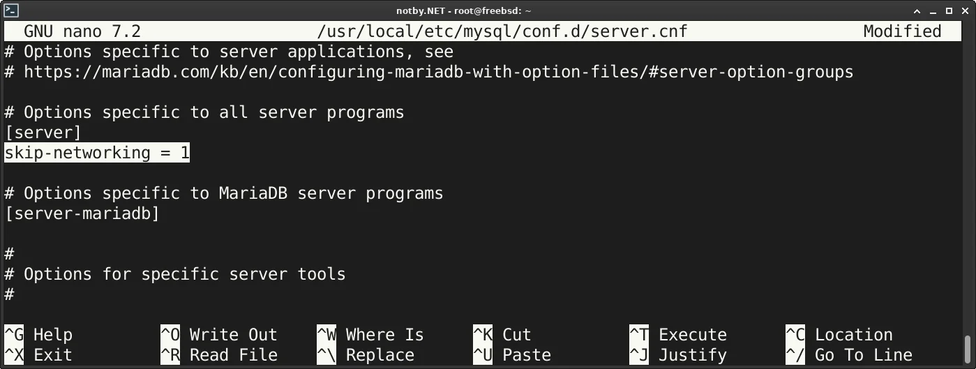 В текстовом редакторе nano открыт файл /usr/local/etc/mysql/conf.d/server.cnf и добавлена опция "skip-networking = 1" в секцию [server].