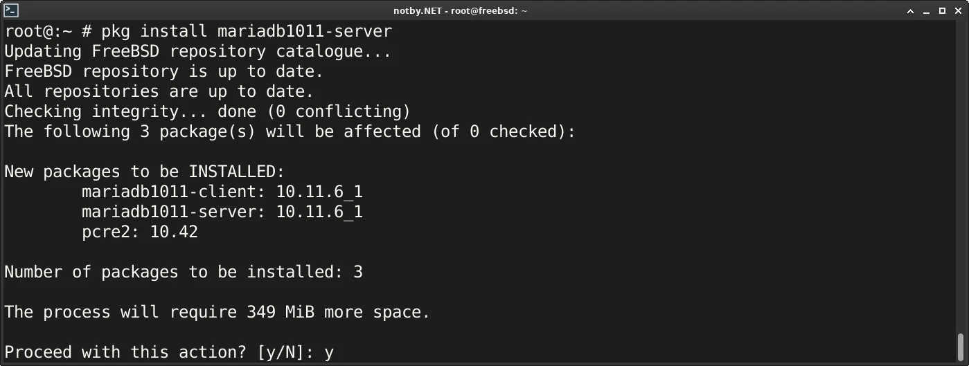 FreeBSD установка пакета mariadb1011-server командой "pkg install mariadb1011-server". Список того что будет установлено.