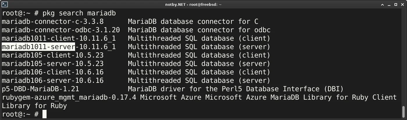 FreeBSD поиск пакетов mariadb командой "pkg search mariadb".