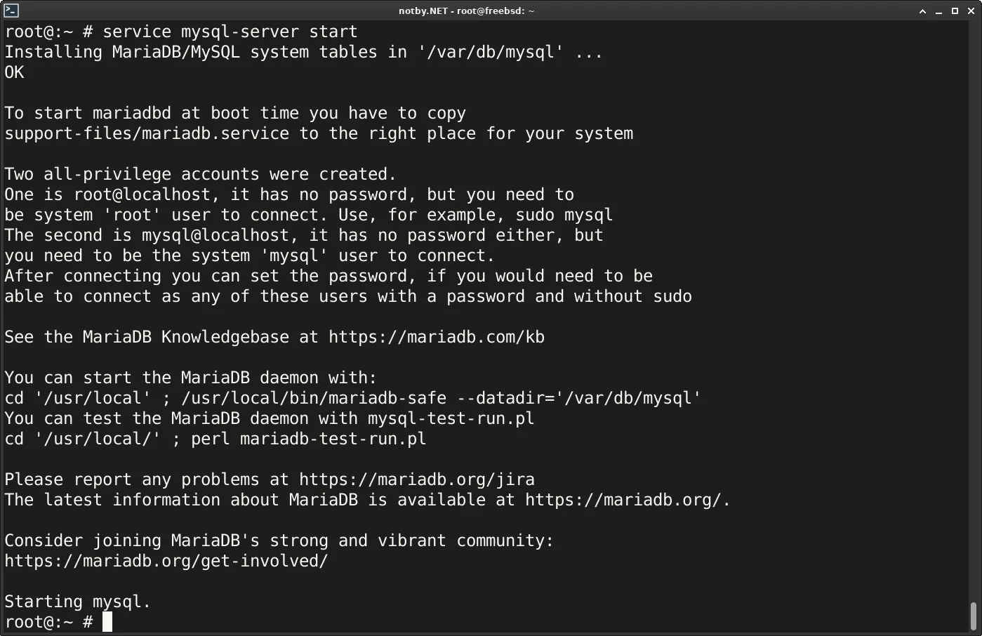 Успешно запущен MariaDB сервер в FreeBSD командой "service mysql-server start".