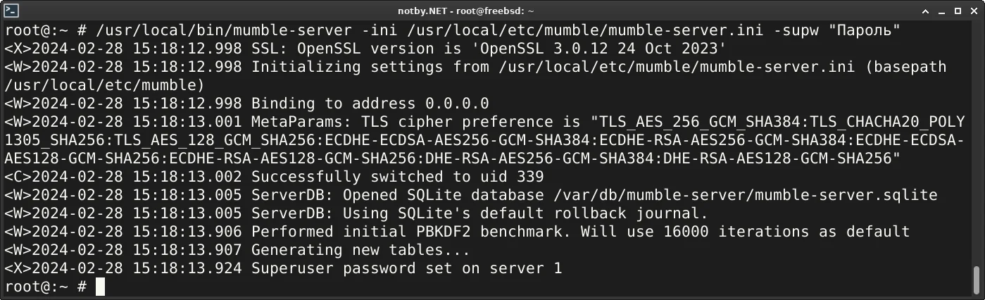 Установка пароля для администратора Mumble сервера командой (/usr/local/bin/mumble-server -ini /usr/local/etc/mumble/mumble-server.ini -supw "Пароль") в консоли FreeBSD