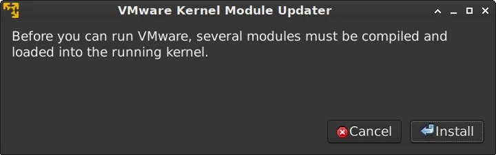 Окно VMware kernel module updater с предложением собрать и загрузить модули ядра