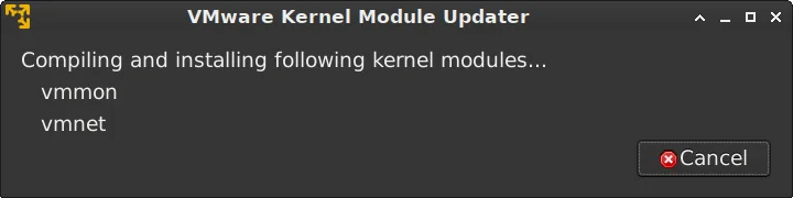 Окно VMware kernel module updater, происходит процесс сборки и установки модулей ядра vmmon и vmnet