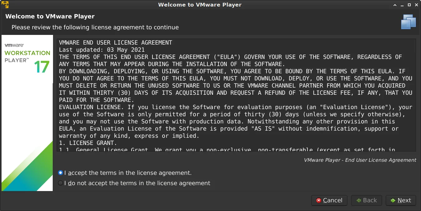 VMware Player, окно Welcome to VMware Player, текст лицензии.