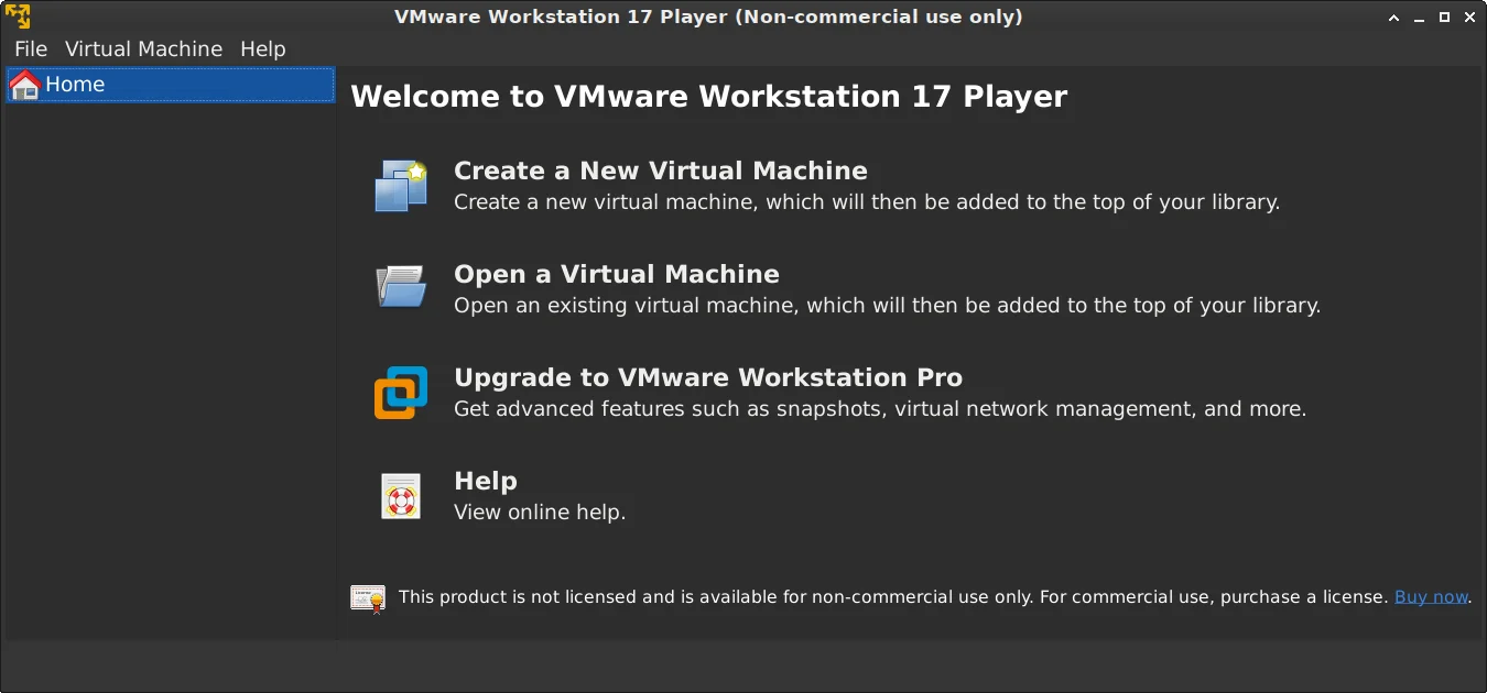 VMware Workstation 17 Player запущена, открыто главное окно