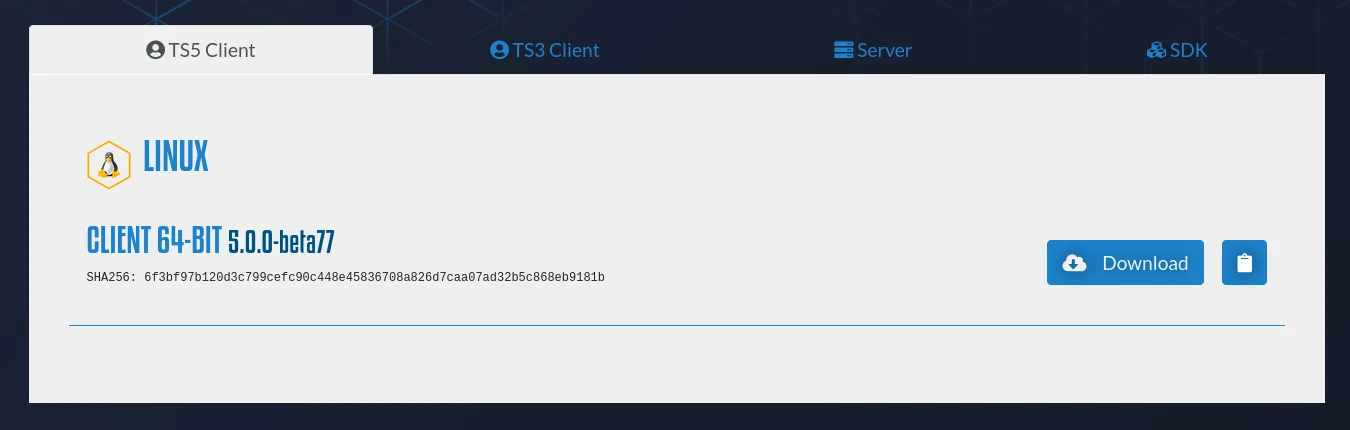 Раздел Downloads веб-сайта teamspeak.com, скачать TS5 Client для Linux