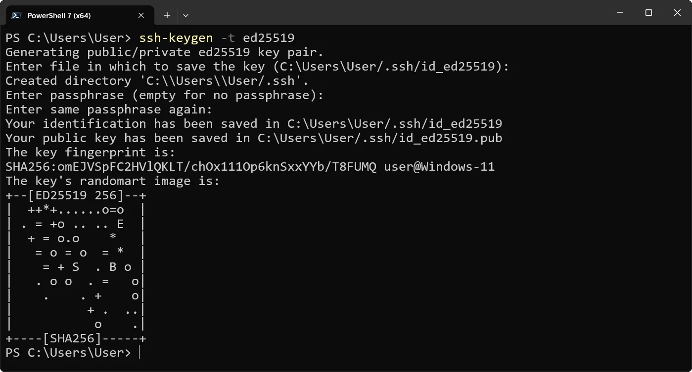 Создание ключей в PowerShell командой  "ssh-keygen -t ed25519" в Windows 11. Ключи успешно созданы.
