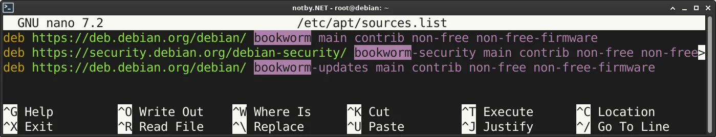Через текстовый редактор nano в Debian открыл файл nano /etc/apt/sources.list, внутри него список официальных репозиториев с указанием ветки bookworm