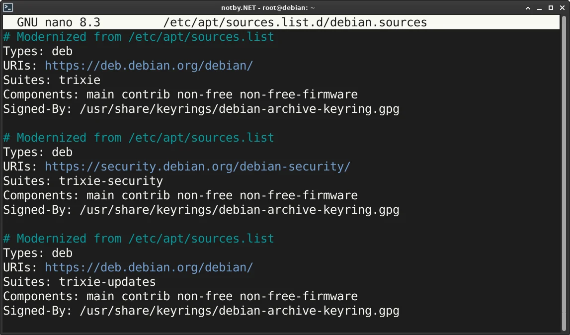 Через текстовый редактор nano в Debian открыл файл nano /etc/apt/sources.list.d/debian.sources, внутри него список официальных репозиториев записан в deb822 стиле