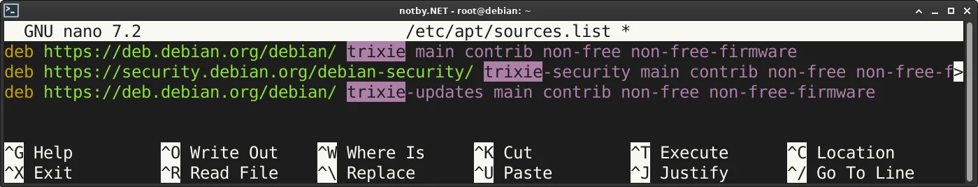 Через текстовый редактор nano в Debian открыл файл nano /etc/apt/sources.list, внутри него список официальных репозиториев с указанием ветки trixie