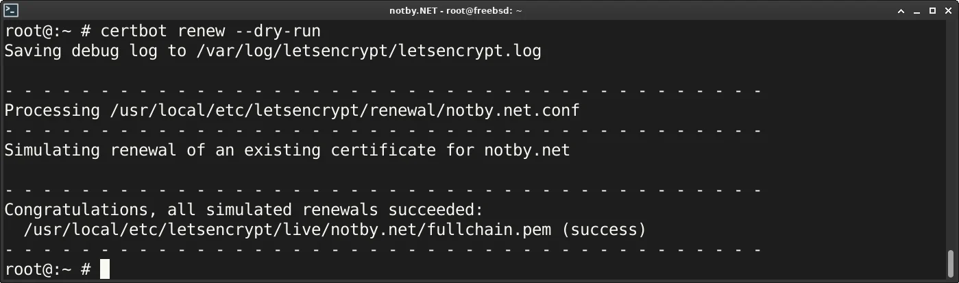 Симуляция получения нового сертификата командой “certbot renew --dry-run”, тестовое получение сертификата для notby.net успешно завершено