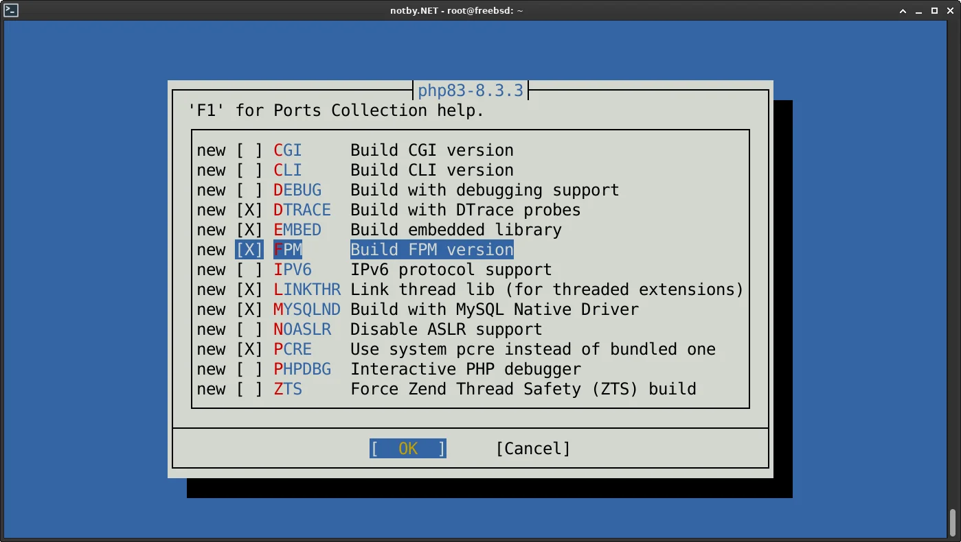 Выбор параметров сборки порта php83 (PHP 8.3) в FreeBSD, CGI и CLI не выбрано, FPM выбрано