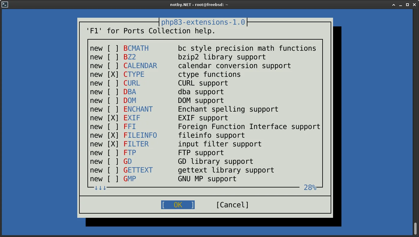 Выбор параметров сборки порта php83-extensions (расширения для PHP 8.3) в FreeBSD