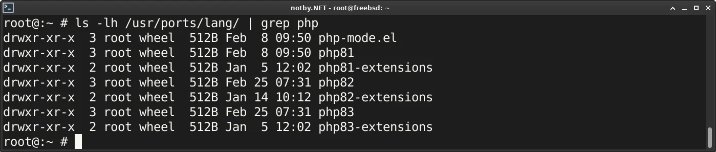 Вывод каталогов с именем php в каталоге /usr/ports/lang/ командой "ls -lh /usr/ports/lang/ | grep php" в FreeBSD