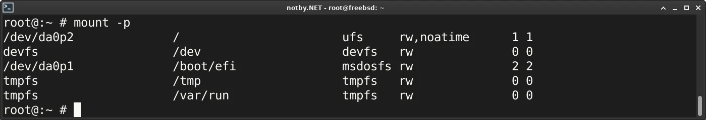 Вывод списка монтирования командой “mount -p” в FreeBSD, каталоги /tmp и /var/run смонтированы в файловую систему tmpfs