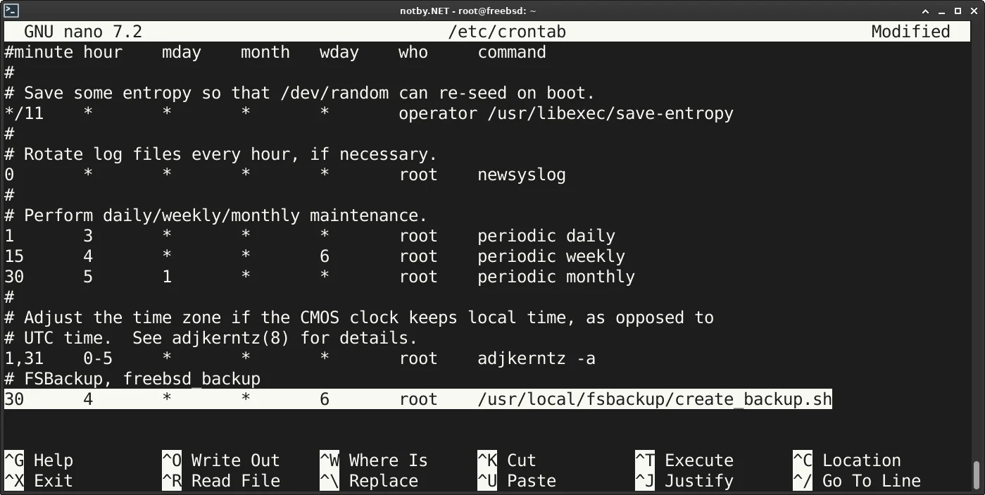 Открыт файл /etc/crontab через nano в FreeBSD, добавлена строка “30 4 * * 6 root /usr/local/fsbackup/create_backup.sh.sh” в конец файла