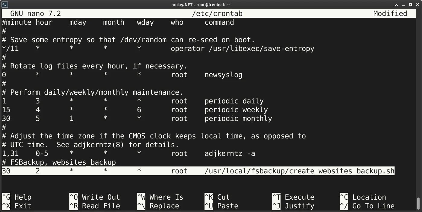 Открыт файл /etc/crontab через nano в FreeBSD, добавлена строка “30 4 * * 6 root /usr/local/fsbackup/create_websites_backup.sh.sh” в конец файла