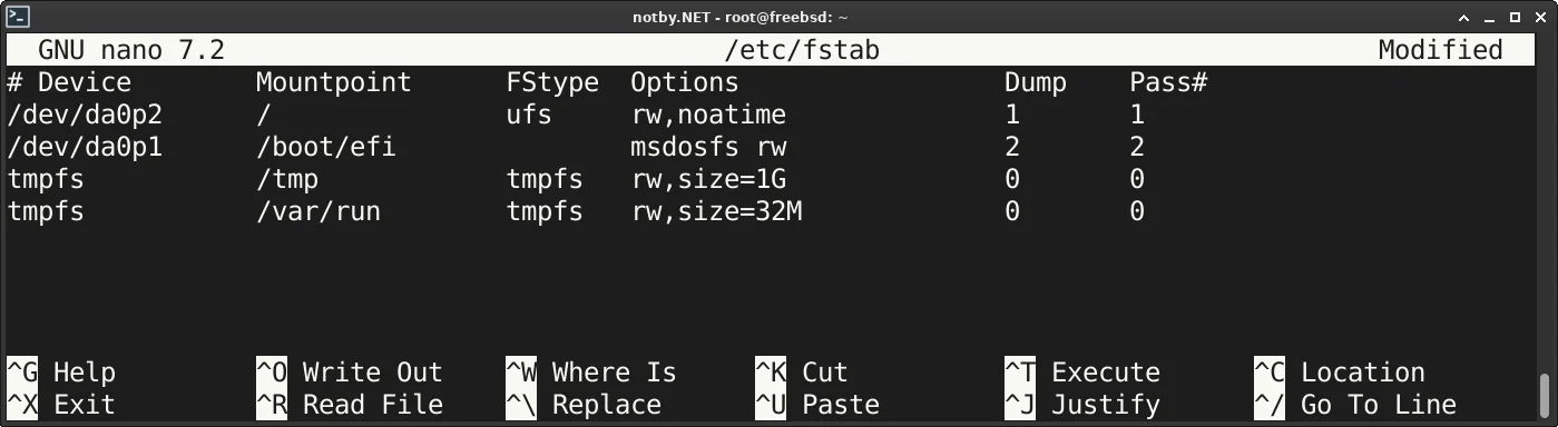 FreeBSD, открыт файл /etc/fstab в текстовом редакторе nano, добавлены строка “tmpfs /tmp tmpfs rw,mode=1777,size=1G 0 0” и “tmpfs /var/run tmpfs rw,mode=1755,size=32M 0 0”