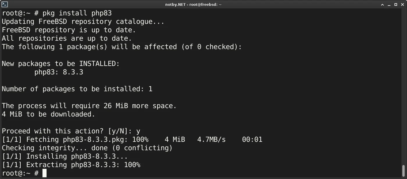 FreeBSD установка пакета php83 командой "pkg install php83", PHP 8.3 успешно установлен