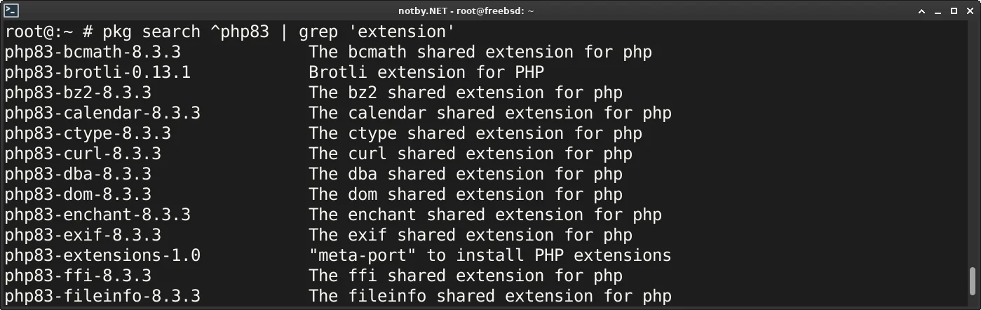 FreeBSD, Поиск доступных расширений PHP командой [pkg search ^php83 | grep 'extension'], выведен список расширений PHP 8.3