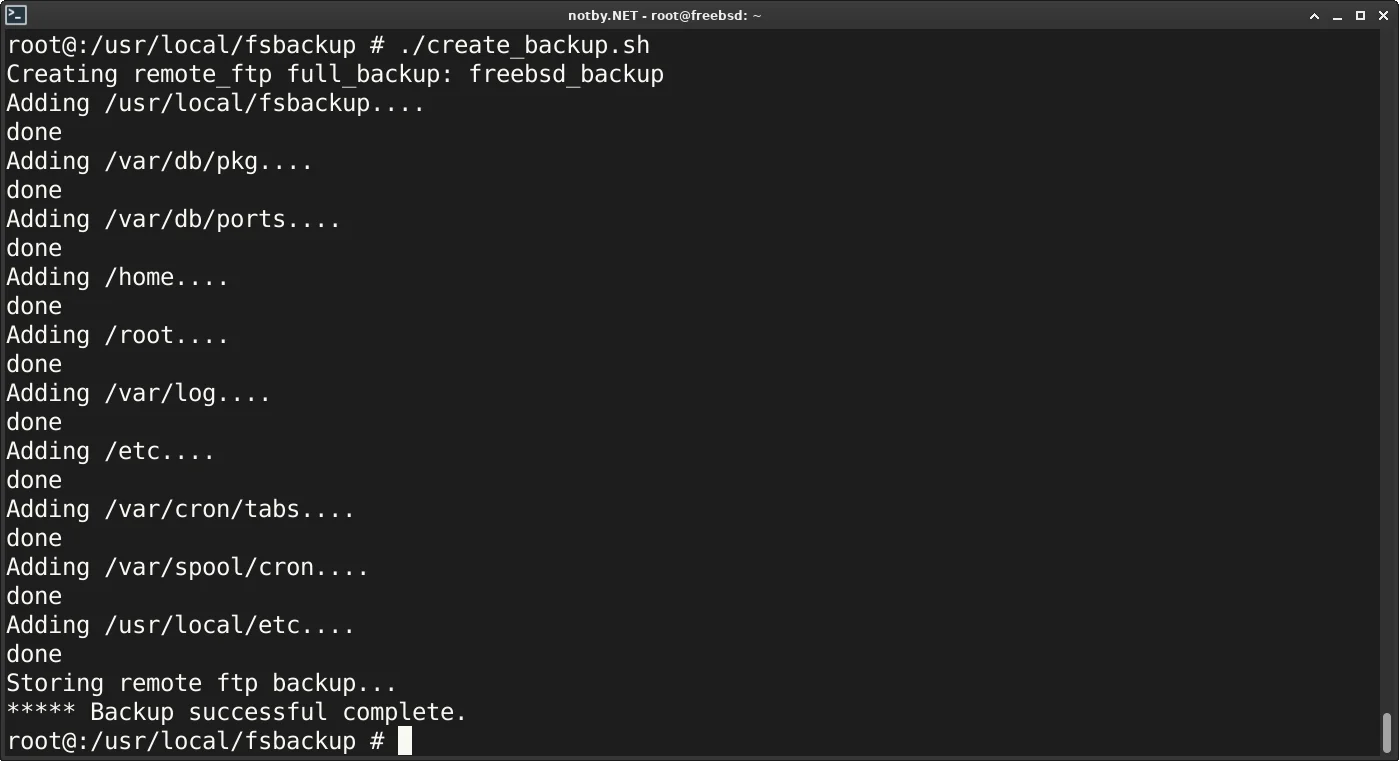 Запущен скрипт бэкапа “./create_backup.sh” из каталога /usr/local/fsbackup. Резервная копия FreeBSD настроек успешно создана и загружена на FTP сервер.