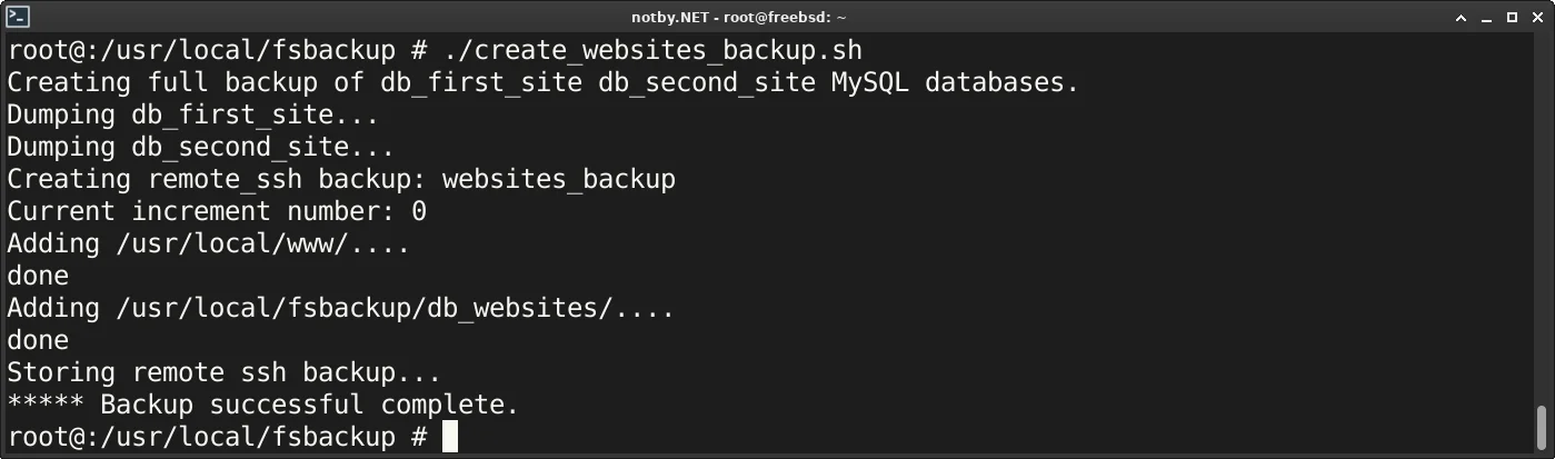 Запущен скрипт бэкапа “./create_websites_backup.sh” из каталога /usr/local/fsbackup. Резервная копия файлов сайтов и их баз данных успешно создана и загружена на SSH сервер.