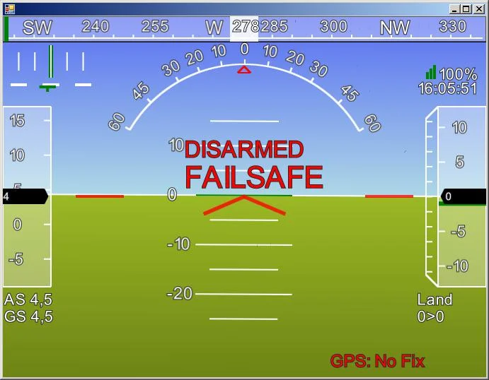 Mission Planner, приборная панель: DISARMED FAILSAFE, режим полета Land, GPS спутники потеряны