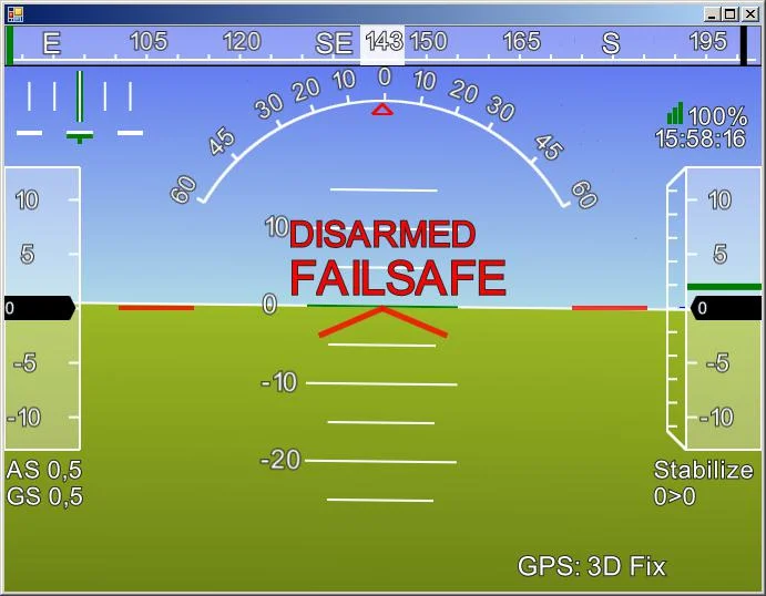 Mission Planner, приборная панель: DISARMED FAILSAFE, режим полета Stabilize, GPS спутники найдены