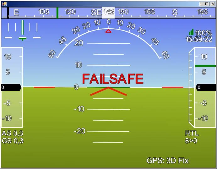 Mission Planner, приборная панель: FAILSAFE, режим полета RTL, GPS спутники найдены