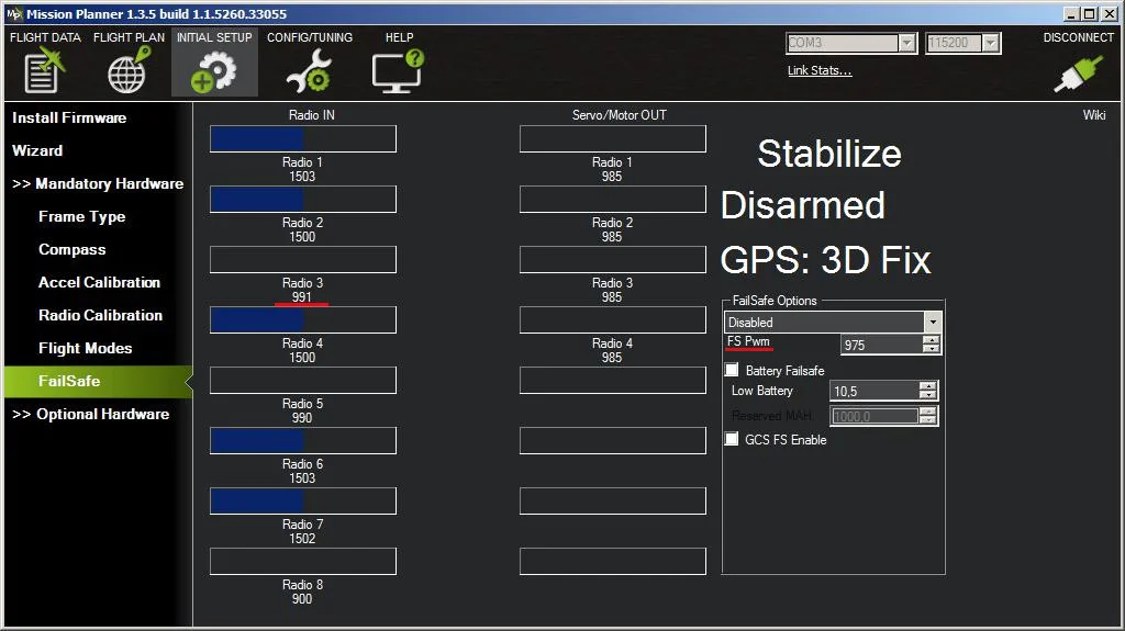 Mission Planner, раздел Mandatory hardware - FailSafe, третий канал показывает значение 991, параметр FS Pwm имеет значение 975