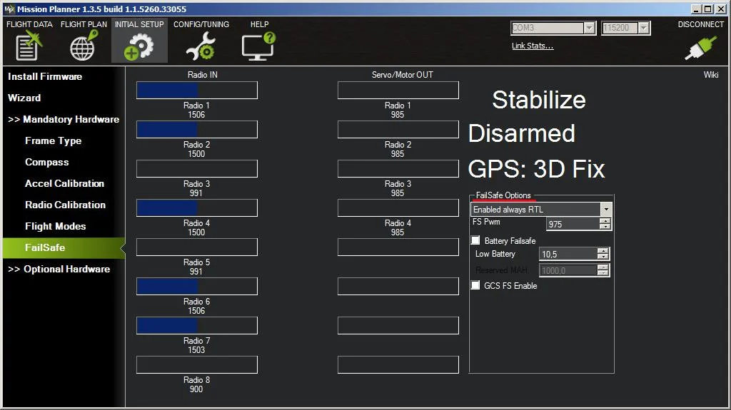 Mission Planner, раздел Mandatory hardware - FailSafe, параметр FS Pwm имеет значение 975, FailSafe options выбрано Enabled always RTL