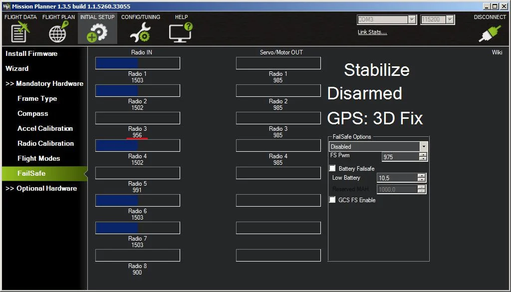 Mission Planner, раздел Mandatory hardware - FailSafe, третий канал показывает значение 956, параметр FS Pwm имеет значение 975