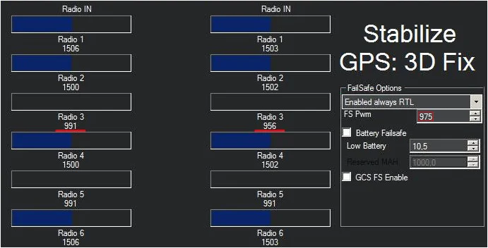 Mission Planner, значение радиоканалов приемника, Falesafe режим включен