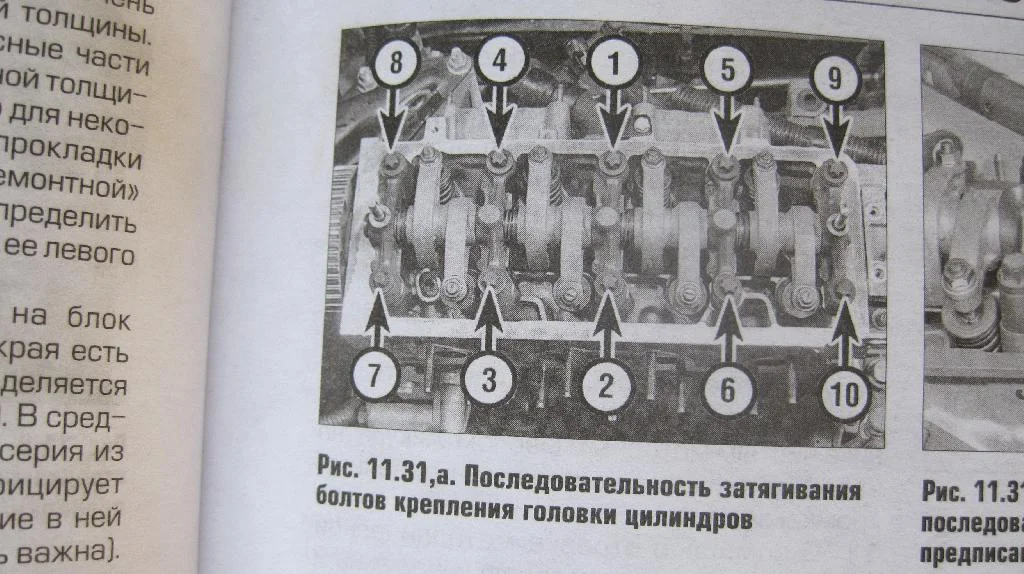 Руководство по ремонту двигателя TU3JP, изображение последовательность затягивания болтов крепления головки цилиндров