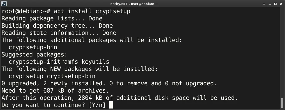 Установка утилиты cryptsetup через консольную команду “apt install cryptsetup” в операционной системе Debian 
