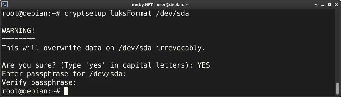 Подтверждено удаление данных с накопителя, указан пароль для LUKS контейнера и успешно шифрована USB-флешка командой “cryptsetup luksFormat /dev/sda” в консоли Debian