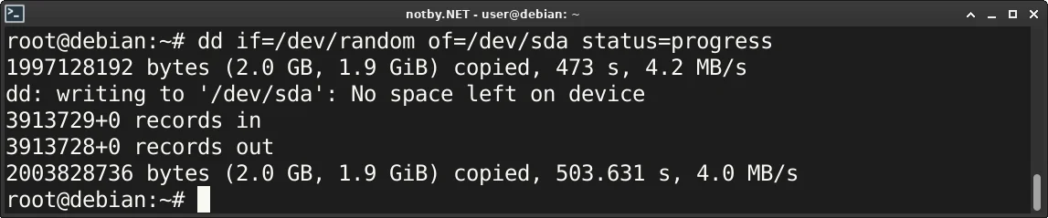 USB-флешка объемом 2 ГБ заполнена случайными данными при помощи команды “dd if=/dev/zero of=/dev/sda status=progress” в консоли Debian