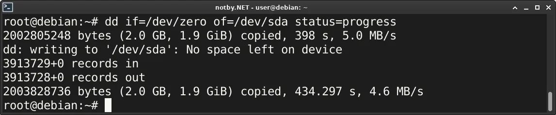 USB-флешка объемом 2 ГБ заполнена нулями при помощи команды “dd if=/dev/zero of=/dev/sda status=progress” в консоли Debian