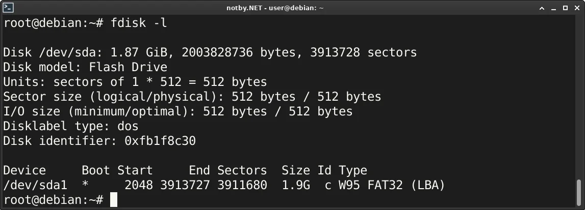 В консоли Debian выполнена команда “fdisk -l”, показана USB флешка объемом 2 Гб по адресу устройства /dev/sda с одном разделом /dev/sda1 в файловой системе FAT32