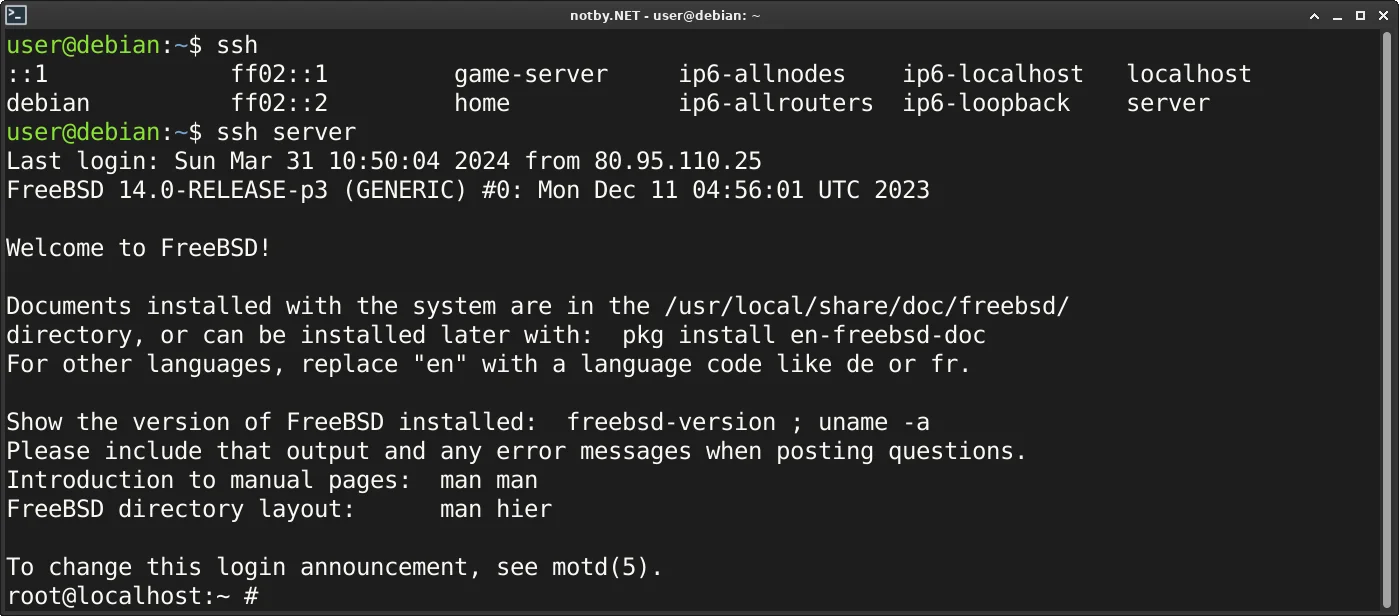 Консоль Debian, вывод списка контактов ssh клиента, подключение к контакту server, успешное подключение к серверу FreeBSD