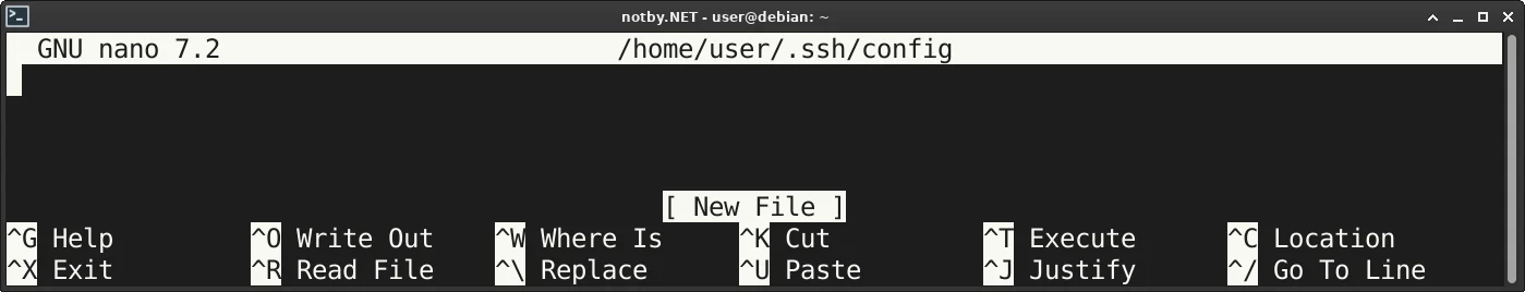 Создан и открыт новый файл по адресу /home/user/.ssh/config в текстовом редакторе nano