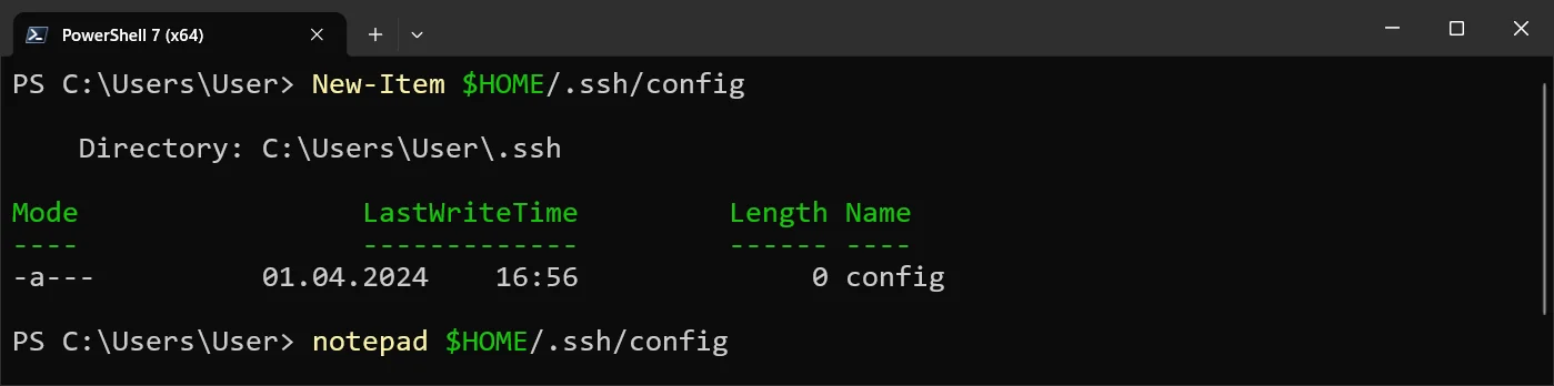 Windows 11 - PowerShell, создание файла командой “New-Item $HOME/.ssh/config” и открытие его командой “notepad $HOME/.ssh/config” в блокноте Windows